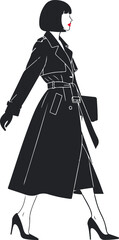 Stylish fashion illustration of woman in trench coat with red lip carrying bag elegant modern vector