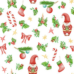 Seamless Christmas pattern with watercolor Santa gnomes, holly leaves, berries, gifts, stockings, stars, bows, candy canes on transparent. Ideal for fabric, wrapping paper, cards, decoration, card