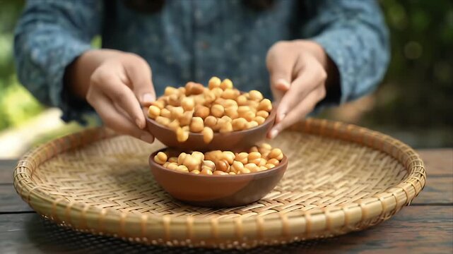 Pine Nuts in Bowls on Woven Tray with Person Holding Bowl in Background Selective Focus