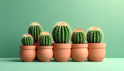 Cactus Family A Delightful Collection of Succulents in Terracotta Pots on a Vibrant Green Backdrop