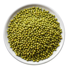 A white ceramic bowl filled with a generous portion of small green mung beans isolated on transparent background