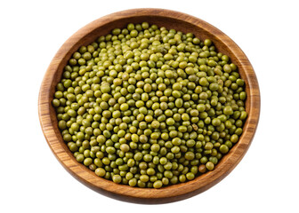 A top view of a wooden bowl filled with small green mung beans isolated on transparent background