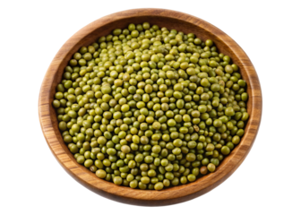 A top view of a wooden bowl filled with small green mung beans isolated on transparent background