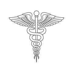 Black and white line drawing of the Caduceus medical symbol with serpents coiled around staff and detailed feathered wings illustration