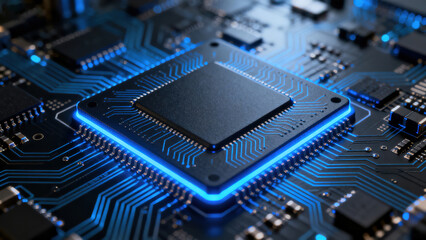 Futuristic Microchip with Blue Circuitry