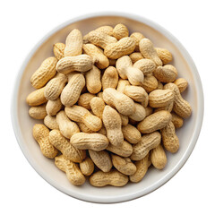 A white bowl overflowing with unopened peanuts in their shells isolated on transparent background
