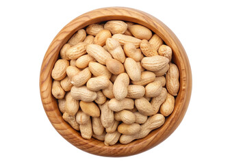 A rustic wooden bowl overflowing with whole unpeeled peanuts isolated on transparent background