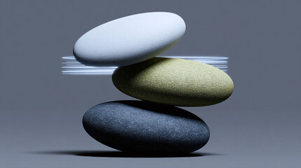 Smooth stones stacked in a minimalist setting showcasing textures and colors with a modern artistic flair