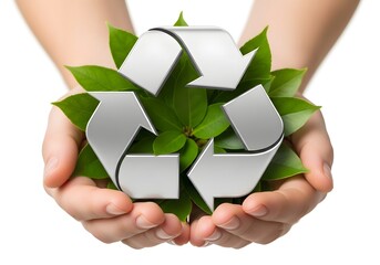 Hands holding metallic recycling symbol surrounded by leaves, isolated on white background