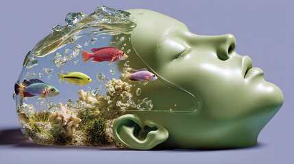 Realistic human head sculpture filled with colorful fish and coral, showcasing a serene underwater scene