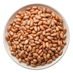A top down view of a white ceramic bowl filled with dried pinto beans isolated on transparent background