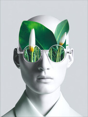 Creative design of a human man with plant reflections in glasses showcasing nature in a modern setting