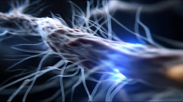 A nerve fiber with thin branches extends into the space, illuminated by blue flashes of electrical impulses