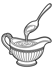 Line art illustration of gravy being poured from a spoon into a gravy boat