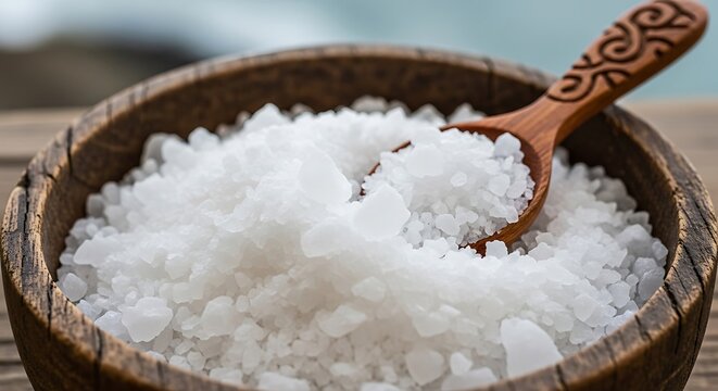Coarse Sea Salt in Wooden Bowl with Carved Spoon, Close-Up View