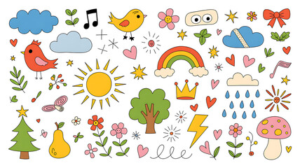 Collection of cute hand drawn cartoon elements for childrens designs