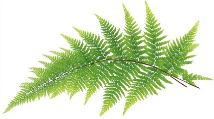 Close-up of a vibrant green fern frond against a white background.