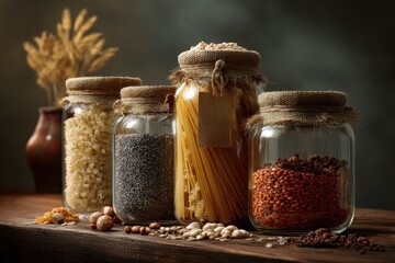 Display of assorted raw grains, pasta, and canned foods arranged in jars on a wooden table in a rustic kitchen setting