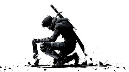 Naklejka premium Silhouette figure kneeling with sword