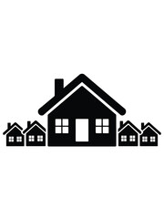 Row of black house silhouettes with a larger central home