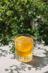 Refreshing drink with orange slice and ice cubes