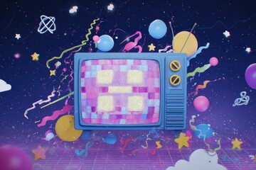 Cartoon technical difficulties screen with playful colorful elements and retro television design in a whimsical digital background