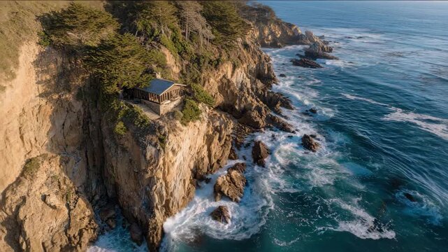 Aerial view of cliffside, off-grid house overlooking rocky shoreline and ocean  