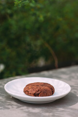 Chocolate cookie on white plate with green background