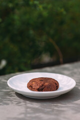 Chocolate cookie on white plate in natural light