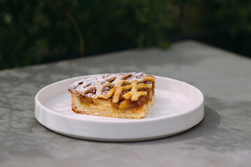 Slice of apple pie dessert with powdered sugar