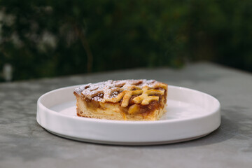 Delicious apple crumble cake slice on white plate