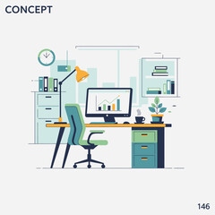 Modern office workspace illustration with a computer displaying a financial growth graph, ergonomic chair, and organized desk setup for professional productivity