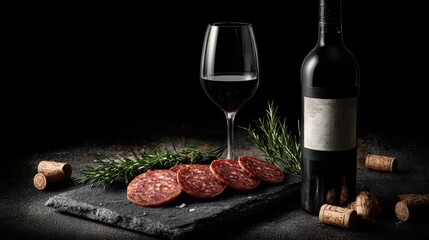 Red Wine Bottle and Sliced Salami on Slate Plate with Olive Oil, Ideal for Wine Pairing, Mediterranean Food Photography, and Fine Dining Moments
