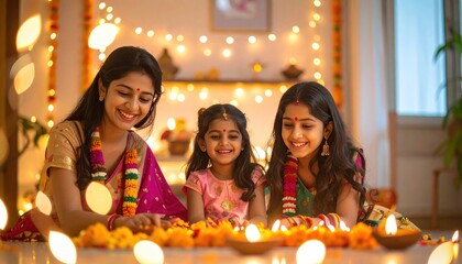 "Indian Family Lighting Diyas Together with Colorful Rangoli During Happy Diwali Celebration