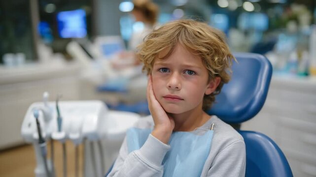 A young boy with tousled hair winces in a high-tech dental chair, surrounded by neatly arranged dentist equipment.