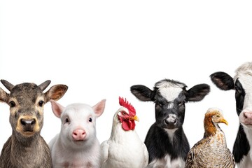 Obraz premium Collection of farm animals showcasing diverse species in a vibrant, colorful lineup with a white background