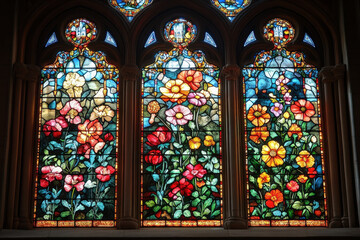 Stained glass window showcasing colorful flowers.