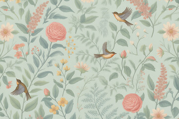 Whimsical floral pattern with birds and soft pastel colors