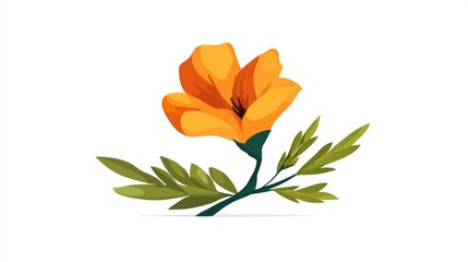 Vibrant illustration of a single orange California poppy flower with green leaves, isolated on white.