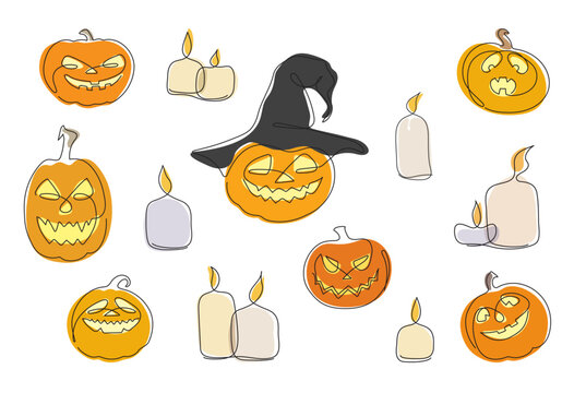 Stylized colorful pumpkins with candles, drawn in single line, in a vector Halloween set