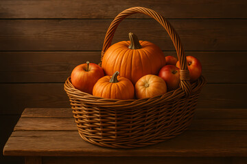 A wicker basket filled with pumpkins and red apples placed on a rustic wooden table. Warm autumn still life with natural textures and cozy countryside atmosphere, perfect for seasonal food, harvest, f