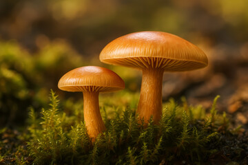 Close-up macro photograph of two mushrooms with orange-brown caps growing in vibrant green moss. Detailed texture and natural autumn forest atmosphere, perfect for nature, ecology, food, and seasonal 