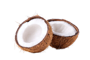 Two halves of a fresh coconut, tropical fruit, isolated on white transparent background