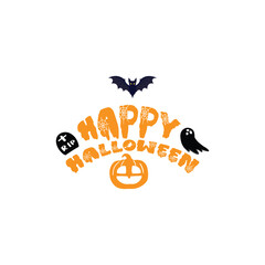 Happy Halloween text with bat ghost pumpkin tombstone