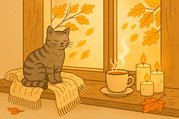 A warm autumn illustration of a cozy hygge room with a cat sitting on the windowsill, steaming tea, and glowing candles. Colorful fall leaves outside the window create a charming seasonal atmosphere, 