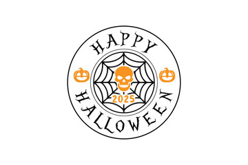 Orange skull and pumpkins on spiderweb happy halloween 2025