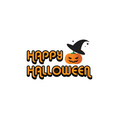Orange happy halloween text with pumpkin and witch hat