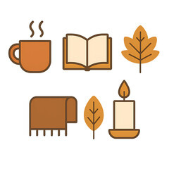 A set of minimalist autumn icons including a steaming mug, open book, leaf, candle, and cozy blanket. Clean modern line art with warm tones on a transparent background, ideal for digital design, 
