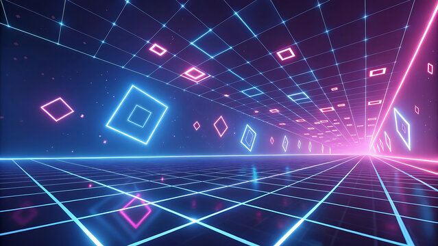 Abstract digital tunnel with glowing neon rhombus shapes and grid lines in futuristic cyberpunk style