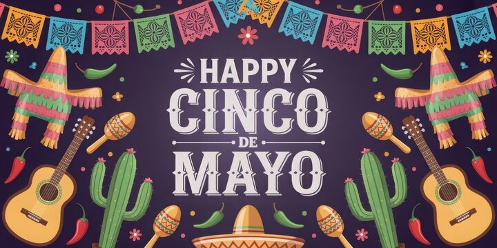 Vibrant cinco de mayo celebration with papel picado guitars and pinatas